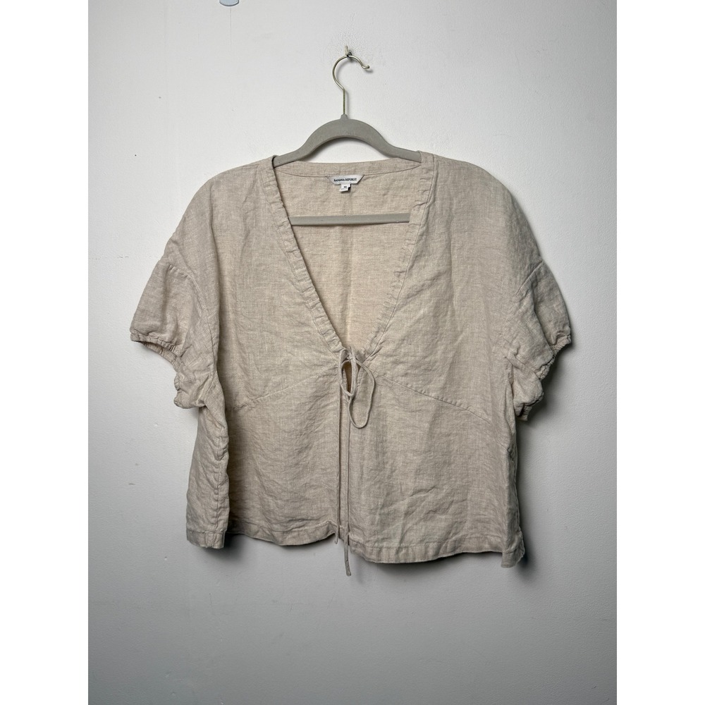 Banana Republic Womens XL Linen Short Sleeve Tie Front Top Oatmeal Beige V-Neck